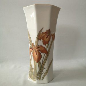 Gorgeous Vintage Hand-painted Vase with Floral Design w Copper, Gold Trim, Green